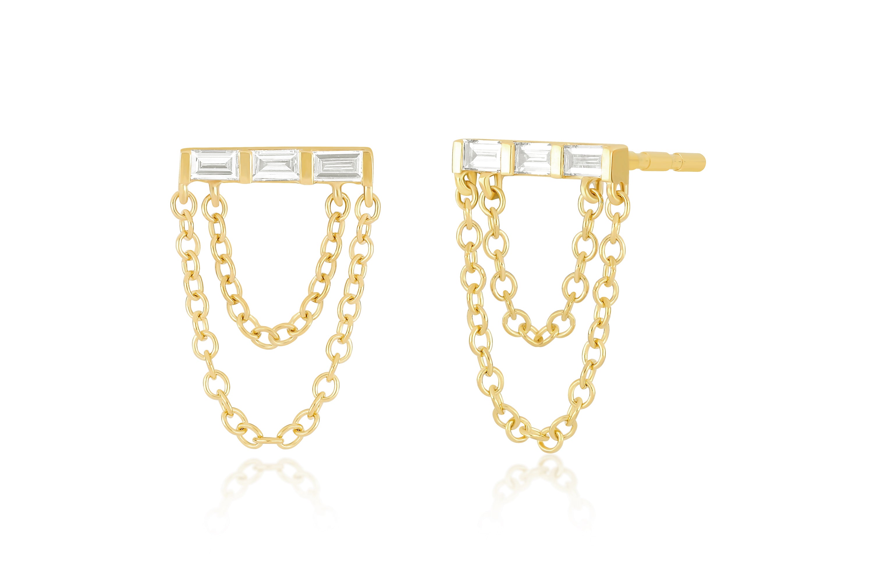 Diamond Baguette Bar Chain Stud Earring