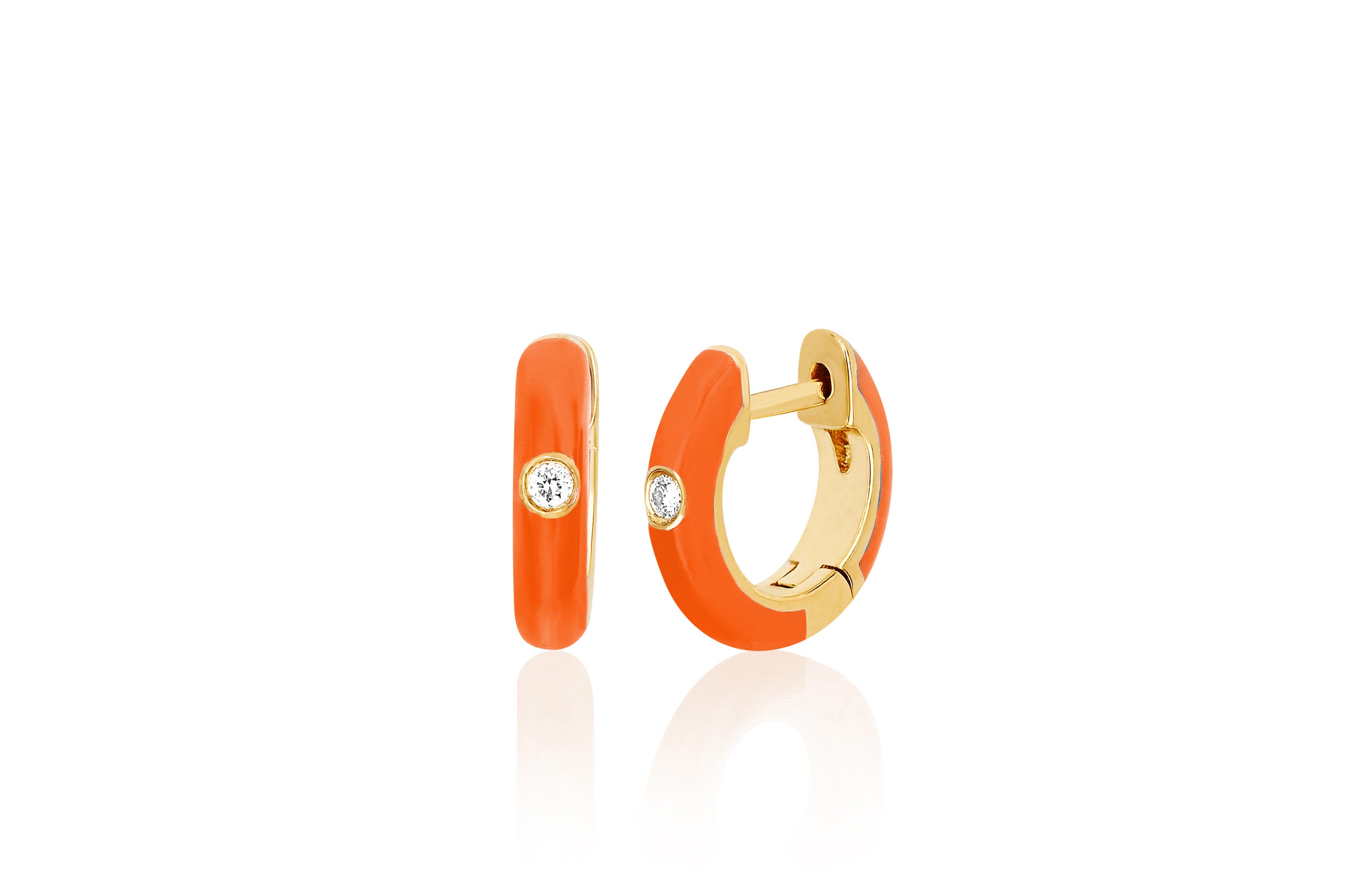 Diamond Orange Enamel Huggie Earring